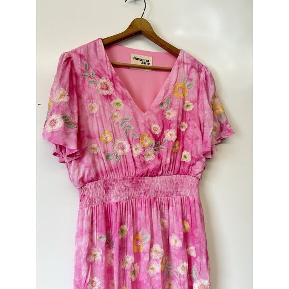 Savanna Jane Dresses & Skirts - Savanna Jane M Pink Tie Dye Floral Embroidery Maxi Dress Lined V Neck